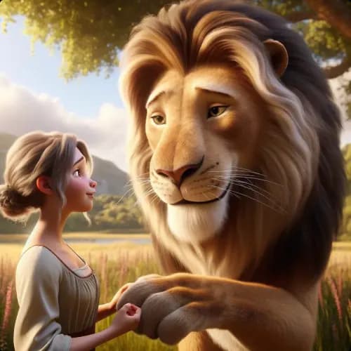 Colorful illustration of The Lion in Love - a fable