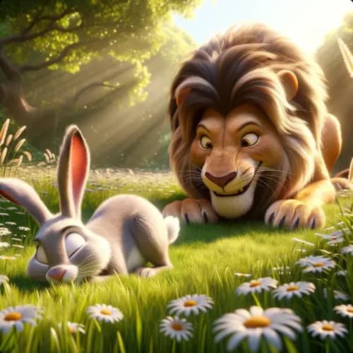 Colorful illustration of The Lion and The Hare - a fable