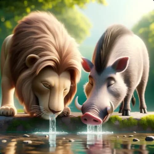 Colorful illustration of The Lion and The Boar - a fable