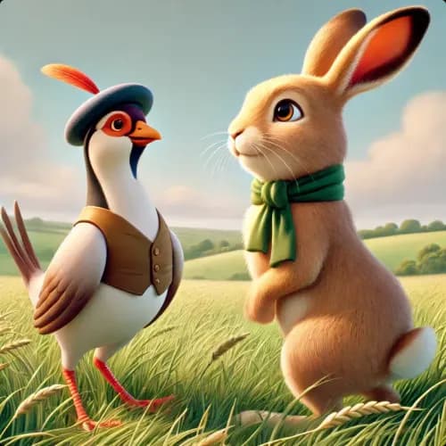 Colorful illustration of The Hare and the Partridge - a fable