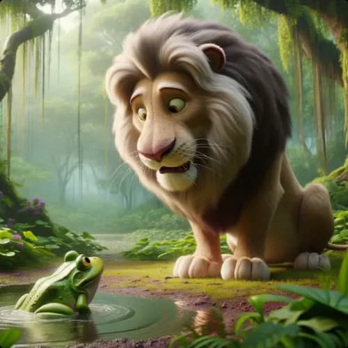 Colorful illustration of The Frightened Lion - a fable