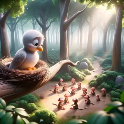 Colorful illustration of The Bird and the Monkeys - a fable
