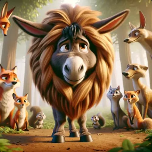 Colorful illustration of The Donkey in The Lion's Skin - a fable