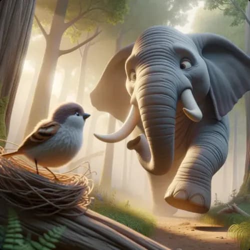 Colorful illustration of The Elephant and the Sparrow - a fable