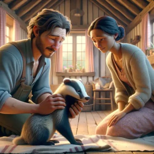 Colorful illustration of The Farmer and the Badger - a fable
