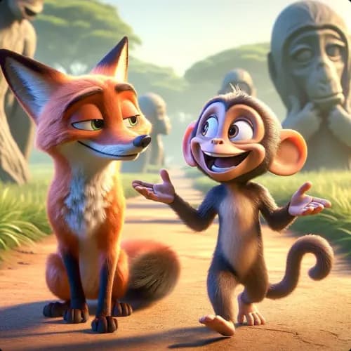 Colorful illustration of The Fox and Monkey - a fable