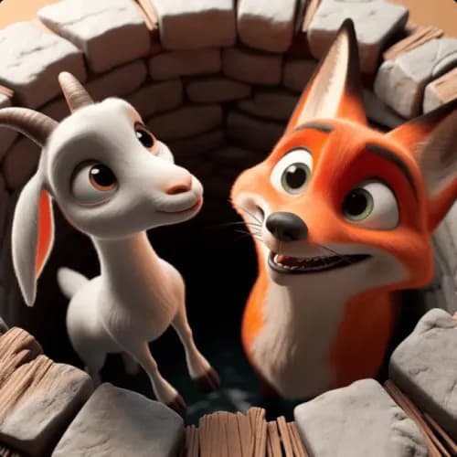 Colorful illustration of The Fox and the Goat in the Well - a fable