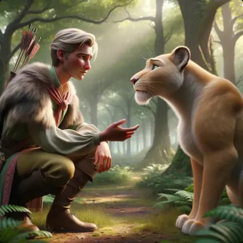 Colorful illustration of The Bull, The Lioness, and The Wild-Boar Hunter - a fable