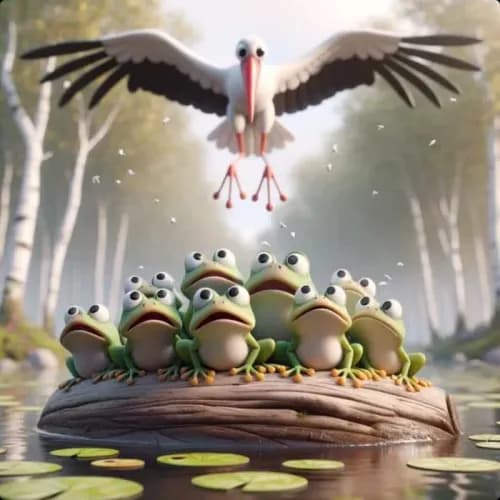 Colorful illustration of The Frogs Ask Zeus for a King - a fable