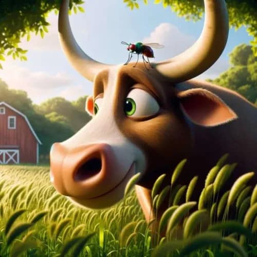 Colorful illustration of The Gnat and The Bull - a fable