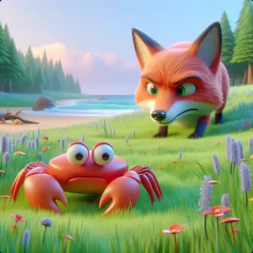 Colorful illustration of The Crab and the Fox - a fable