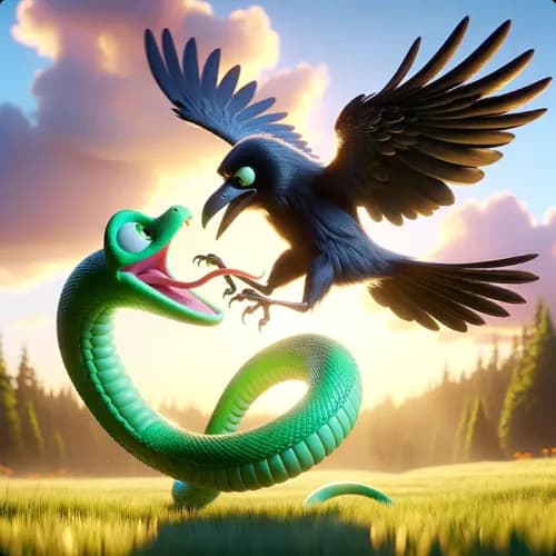 Colorful illustration of The Crow and The Serpent - a fable
