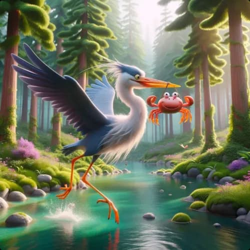 Colorful illustration of The Heron and the Crab - a fable