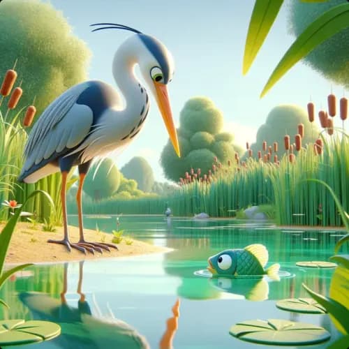 Colorful illustration of The Heron and the Fish - a fable