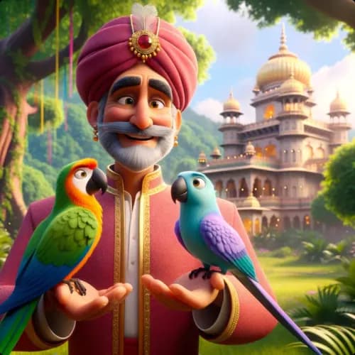Colorful illustration of The King and The Parrots - a fable