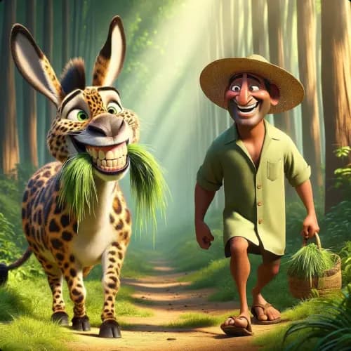 Colorful illustration of The Donkey in the Leopard's Skin - a fable