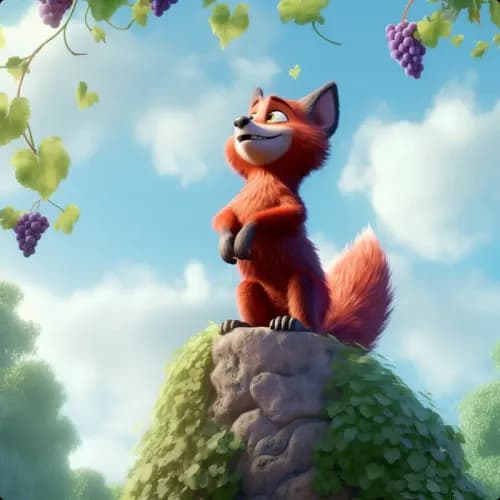 Colorful illustration of The Fox and the Sour Grapes - a fable