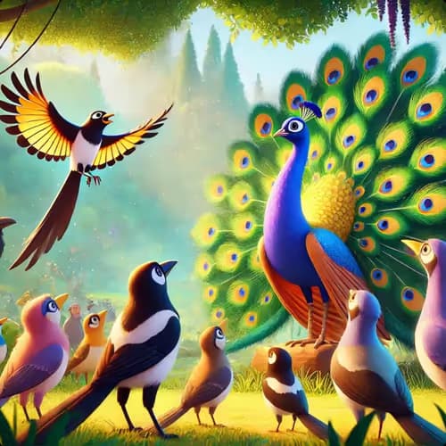 Colorful illustration of The Peacock and The Magpie - a fable