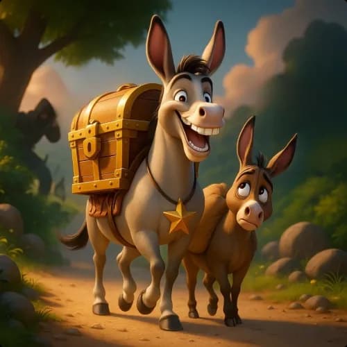 Colorful illustration of The Mules and The Robbers - a fable