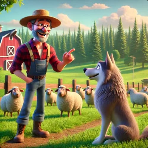 Colorful illustration of The Shepherd and The Wolf - a fable
