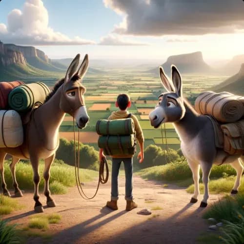 Colorful illustration of The Donkey and the Mule - a fable