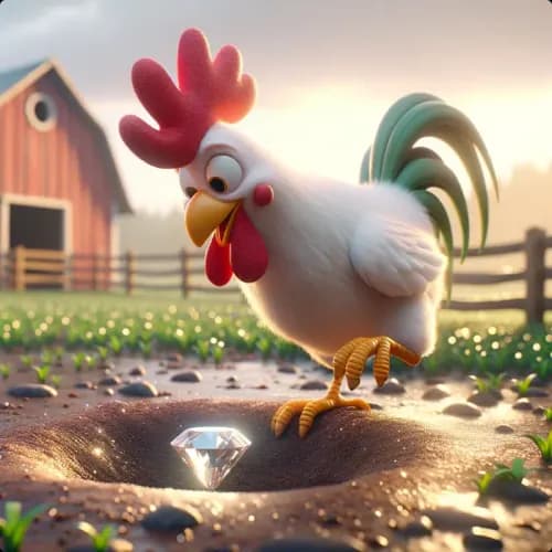 Colorful illustration of The Rooster and The Jewel - a fable