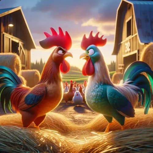 Colorful illustration of The Fighting Roosters and The Eagle - a fable