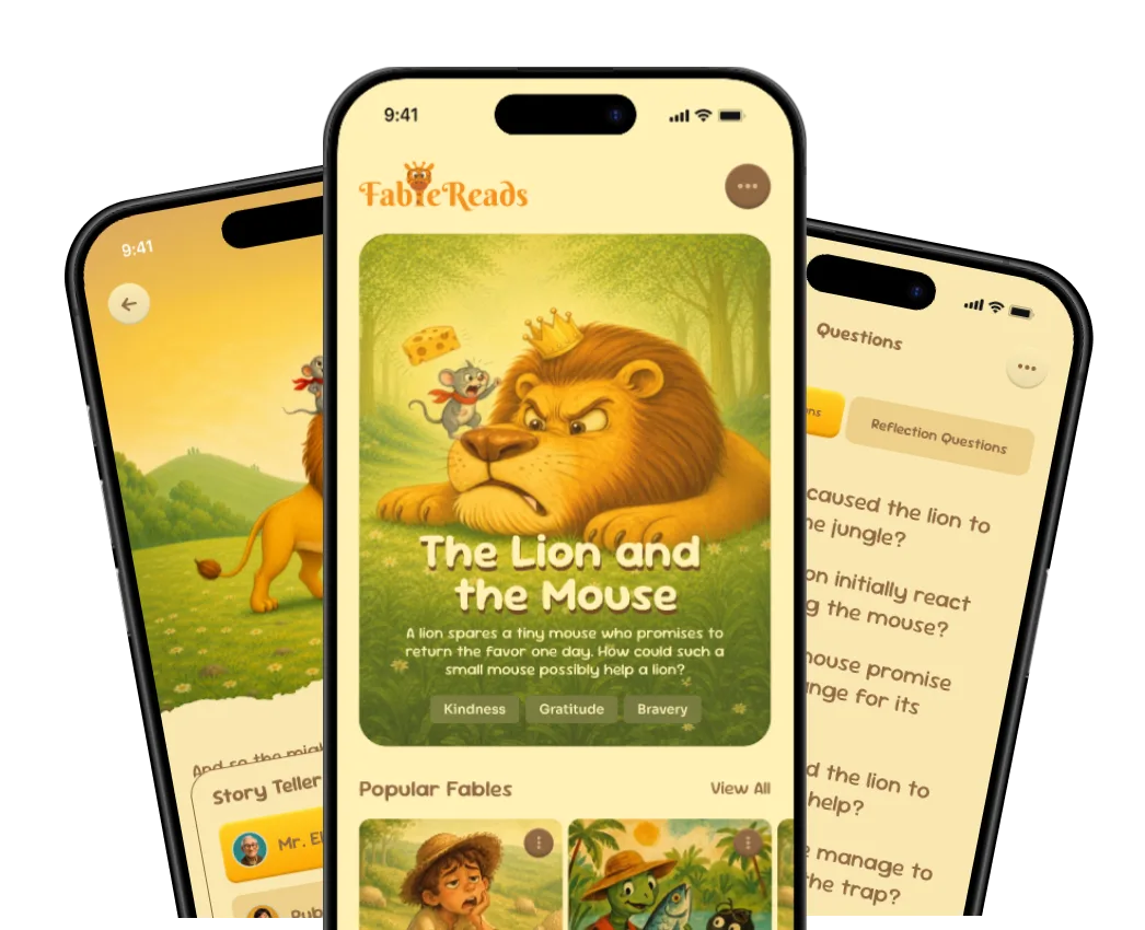 FableReads app screens showing illustrated fables and reading activities