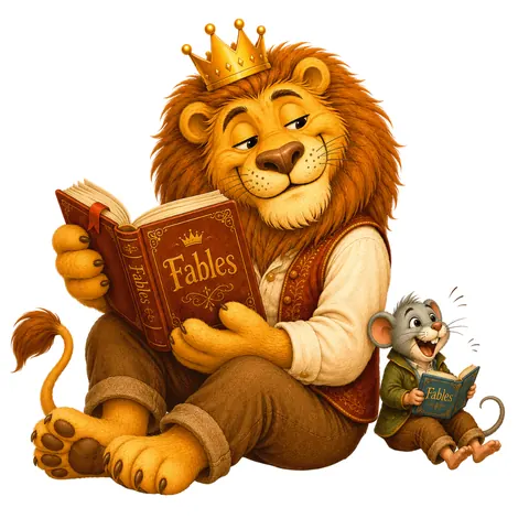 Ein gezeichneter Löwe und eine Maus lesen gemeinsam ein Fabelbuch.
